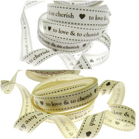 Two ribbons with text and heart designs on a white background