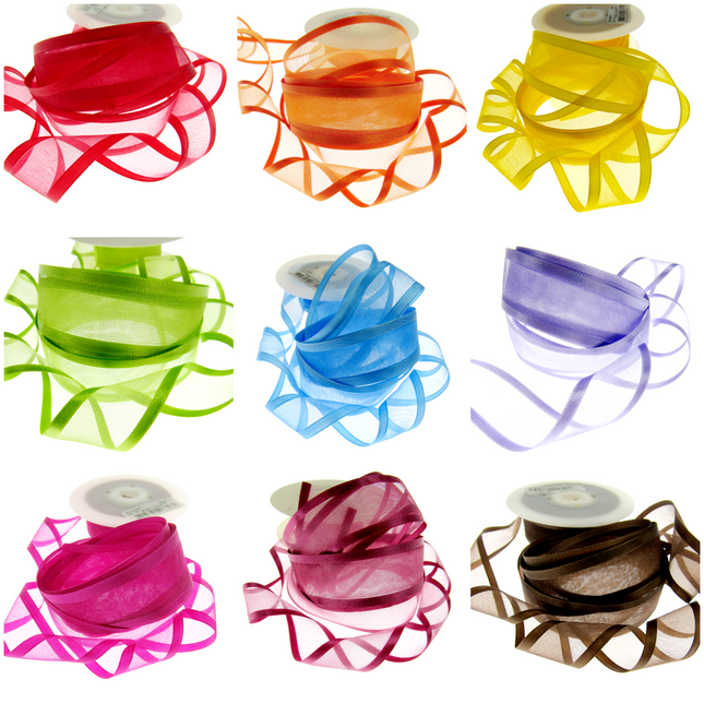 Assortment of Organza Chiffon Ribbons with double-sided satin edges, presented in various colors.