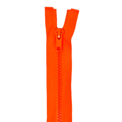 A bright neon orange zipper shown vertically against a plain white background.