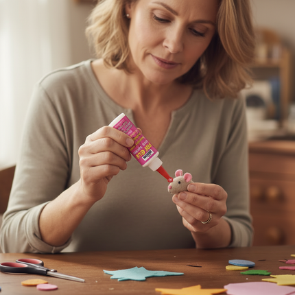 Close-up of hands assembling a felt mouse with Beacon Adhesives Felt Glue — Thread and Trimmings