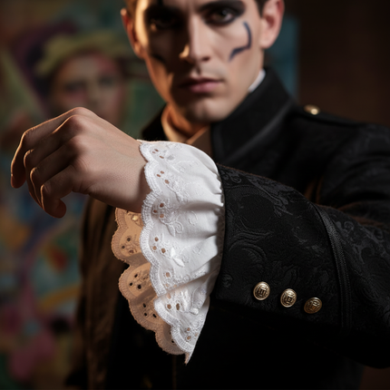 Close-up of white gathered frilled broderie anglaise trim on shirt cuff extending beyond military jacket sleeve — Thread and Trimmings