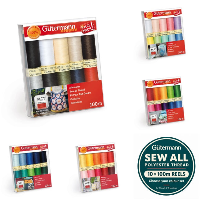 Five packages of Gutermann Best Sew All Polyester Thread 100m reels are displayed on a white background, with a green circular badge in the bottom right corner highlighting the product features.