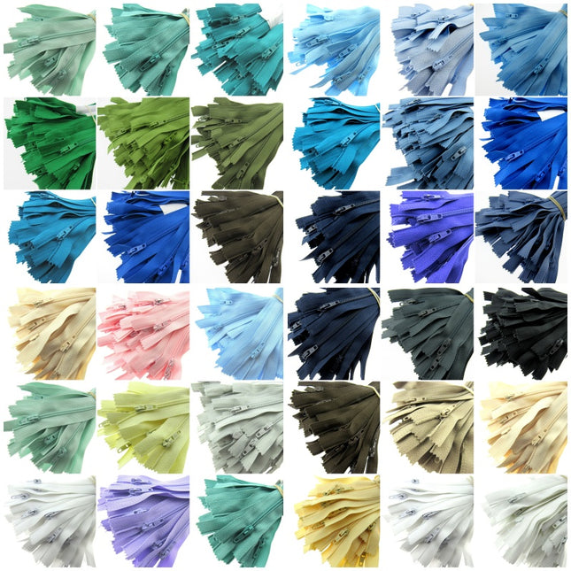 A grid of nylon closed end zips showing many different zipper tape colors, including mint, teal, blue, green, brown, pink, cream, white, and lavender, arranged in rows on a white background.