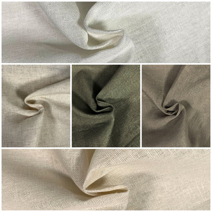 A collage of five fabric swatches showing different neutral tones and textures, including off-white, light beige, olive green, taupe, and cream, all with soft draped folds.