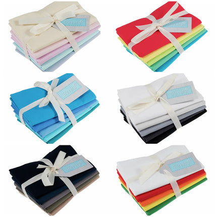 Six folded fabric bundles tied with white ribbons are arranged in a 2x3 grid on a white background. The bundles include cream, red, blue, black, and rainbow color combinations, each with a small blue tag reading 'Summer'.