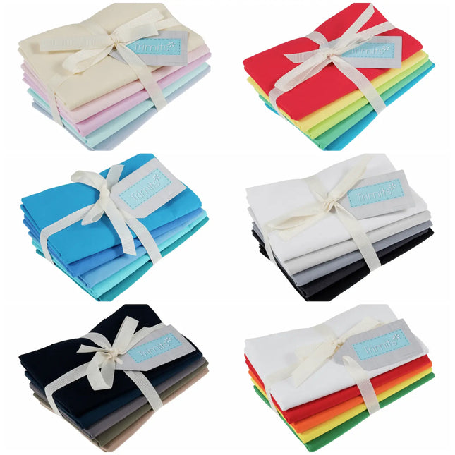 Six folded fabric bundles tied with white ribbons are arranged in a 2x3 grid on a white background. The bundles include cream, red, blue, black, and rainbow color combinations, each with a small blue tag reading 'Summer'.