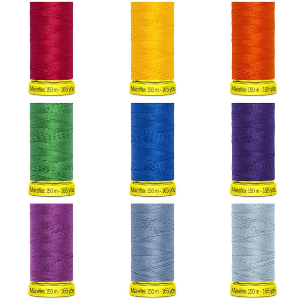 Set of colorful spools of thread with 'Maraflex' branding on a white background.