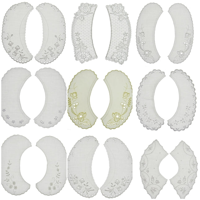 Set of white lace collars with floral patterns on a white backgrounds
