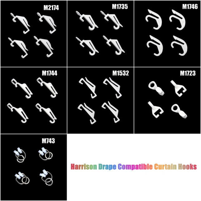 A product catalog grid showing multiple white curtain hooks with model numbers M2174, M1735, M1746, M1744, M1532, M1723, and M743 on black panels, plus a text label reading 'Harrison Drape Compatible Curtain Hooks' at the bottom.