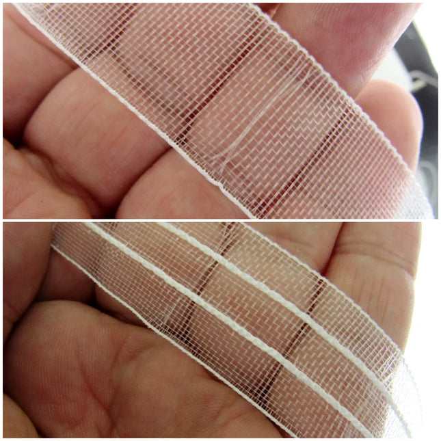 A close-up split view of a hand holding a 19mm roman blind tape with and without cords