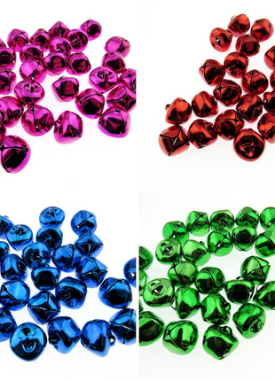 Four different colored jingle bells arranged in a grid on a white background.