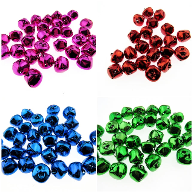 Four different colored jingle bells arranged in a grid on a white background.