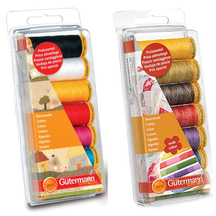 Two packages of Gutermann sewing thread spools shown on a plain white background. The left package contains black, white, yellow, red, and blue threads, while the right package contains yellow, brown, red, orange, purple, and pink threads.