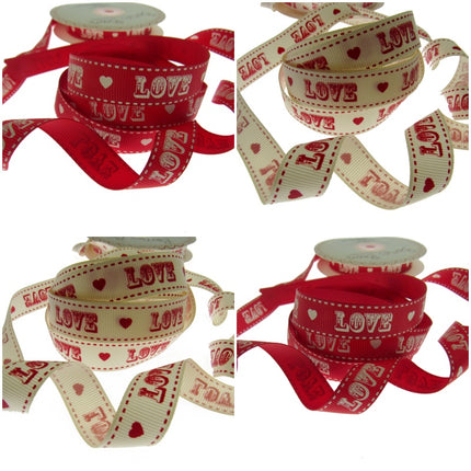 Bertie's Bows LOVE heart grosgrain ribbon red and cream 16mm Thread and Trimmings