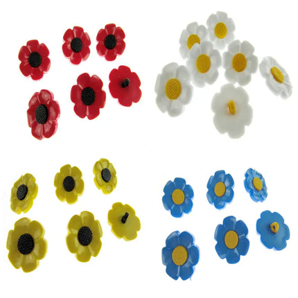 Round Flower Buttons Daisy Poppy Forget Me Not Sunflower Novelty Pack 6