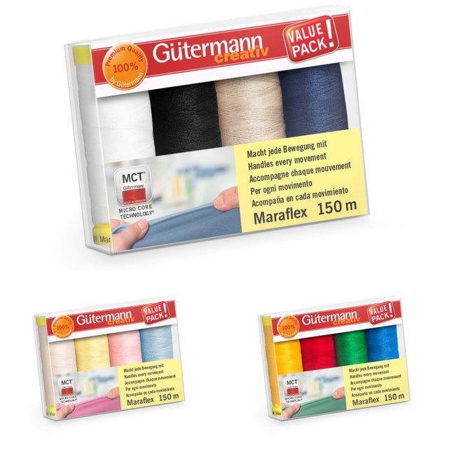 Three packages of Gutermann Creativ MCT Maraflex 150 m thread value packs arranged on a white background, showing different color combinations of embroidery threads.