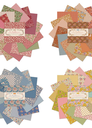 Tilda Creating Memories fabric charm pack showing 32 pieces of pre-cut 5 inch cotton quilting squares