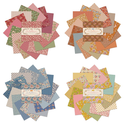 Tilda Creating Memories fabric charm pack showing 32 pieces of pre-cut 5 inch cotton quilting squares