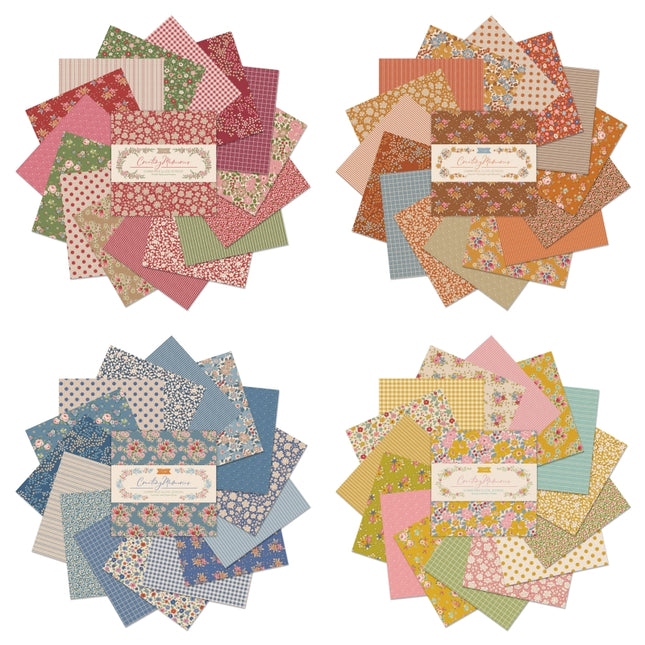 Tilda Creating Memories fabric charm pack showing 32 pieces of pre-cut 5 inch cotton quilting squares