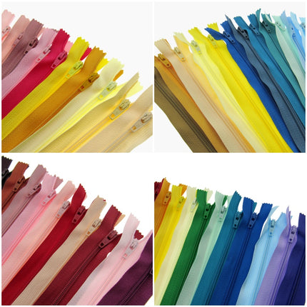 Four panels showing multiple fabric zippers in different colors arranged in fan-like clusters on a white background, including pink, yellow, blue, green, red, brown, and purple tones.