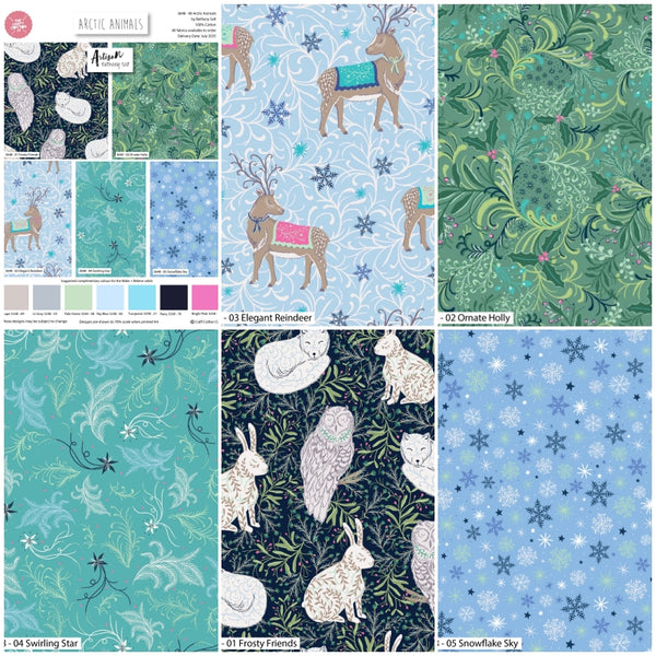 Collage of fabric patterns with Arctic animals and winter elements.