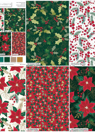 Christmas Cotton Fat Quarters Holly & Poinsettia 5Pk Quilting Craft Bundle 3654