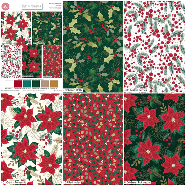 Christmas Cotton Fat Quarters Holly & Poinsettia 5Pk Quilting Craft Bundle 3654