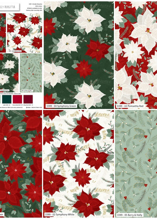 Collage of Christmas-themed fabric patterns with red, white, and green colors.