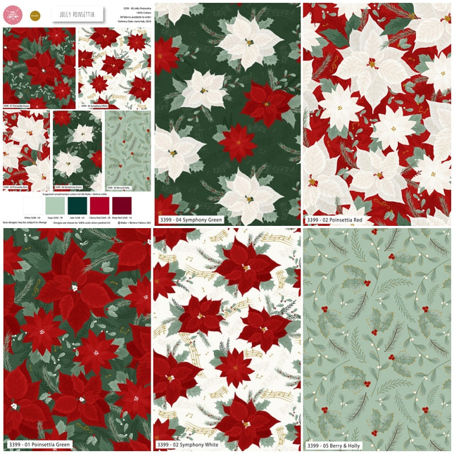 Collage of Christmas-themed fabric patterns with red, white, and green colors.