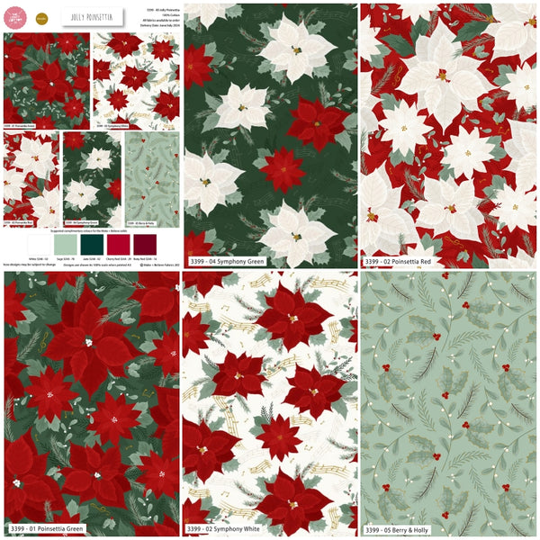 Collage of Christmas-themed fabric patterns with red, white, and green colors.
