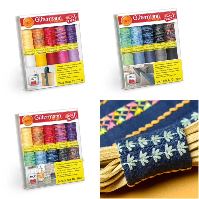Gutermann Deco Stitch 70 Decorative Thread Set 10 Reels 70m Solid Multicolours