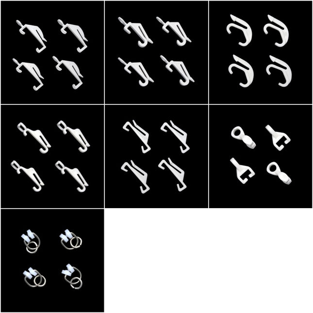A 3x3 grid of black panels showing multiple views of small white hardware components, including clips, hooks, and ring-like fasteners, with one lower-left panel showing silver-toned versions.