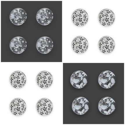 Clear Domed Buttons with Choice of Pretty Subtle Designs Black White 6pcs 15mm - ThreadandTrimmings
