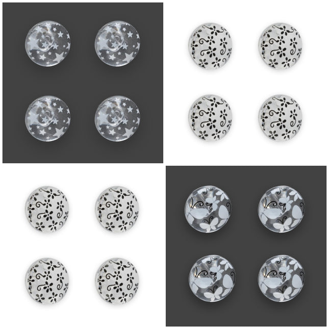 Clear Domed Buttons with Choice of Pretty Subtle Designs Black White 6pcs 15mm - ThreadandTrimmings