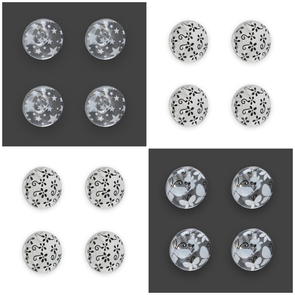 Clear Domed Buttons with Choice of Pretty Subtle Designs Black White 6pcs 15mm