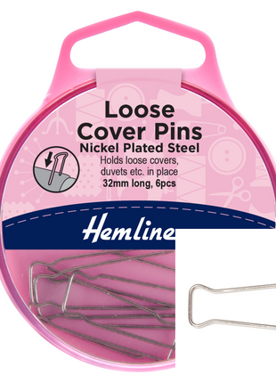 Pink packaging of Hemline loose cover pins with pins visible on a white background