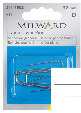 Packaging of Milward loose cover pins with pins visible through a clear window.