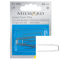Packaging of Milward loose cover pins with pins visible through a clear window.