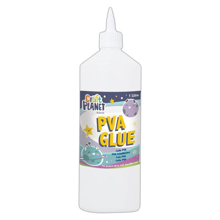 A 1 litre white plastic bottle of Craft Planet PVA Glue with a pointed white applicator cap, featuring a colorful label with space-themed graphics.
