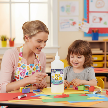 Craft Planet PVA School Glue 1 Litre in use at a classroom craft table with a child and teacher — Thread and Trimmings