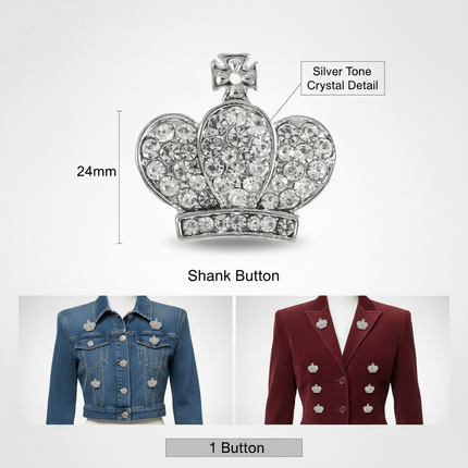 Crown button infographic with an 80s pop statement-jacket aesthetic