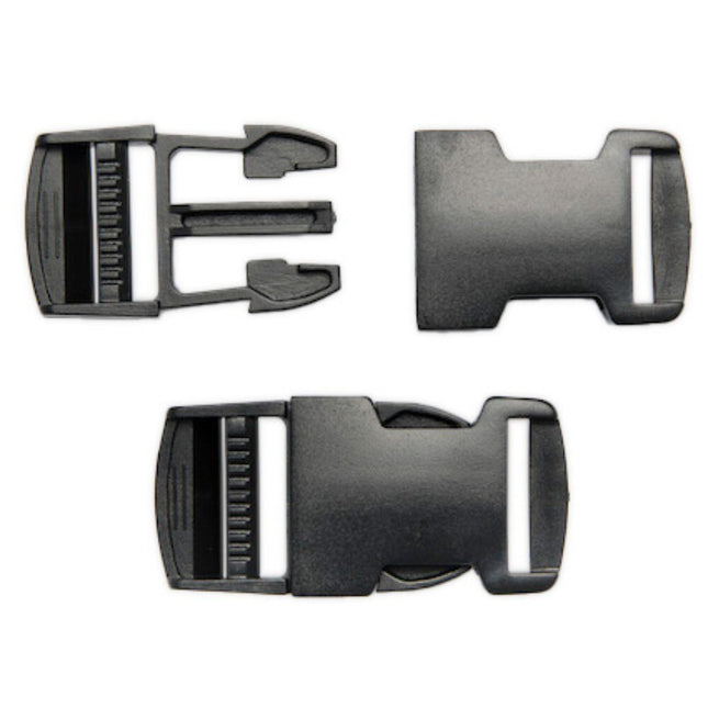 Black Delrin side release buckles in different sizes for webbing belts or straps.