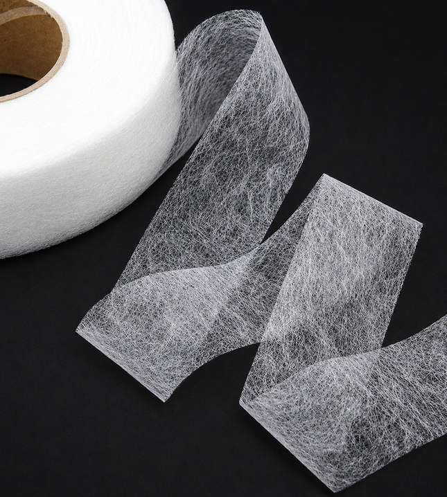 A roll of white fibrous mesh tape or filter paper partially unrolled on a black background, showing the textured, web-like material.
