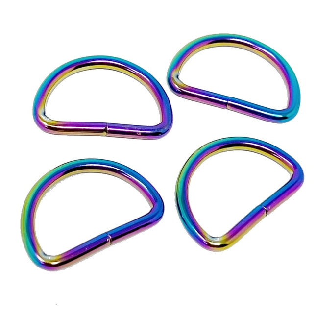 Four d-rings clips with an iridescent rainbow finish, arranged in a 2x2 grid on a plain white background.