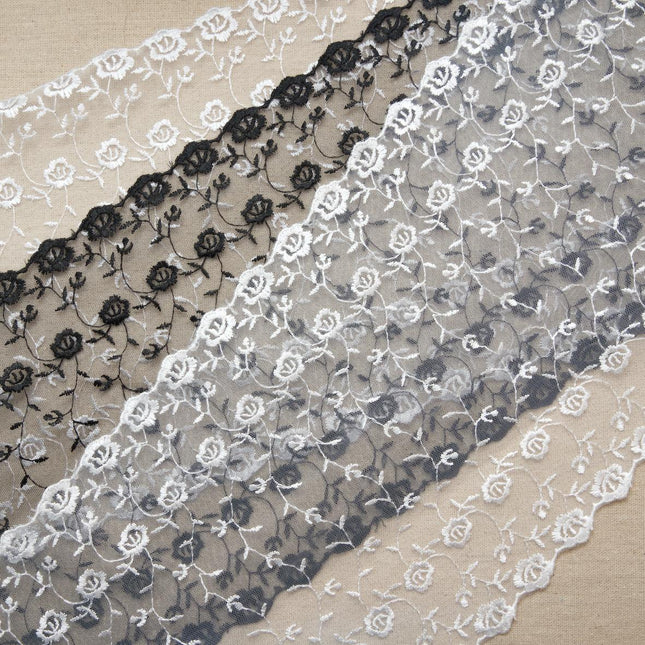 Tulle Embroidery Lace 210mm Double Edged White Ivory Black 1m