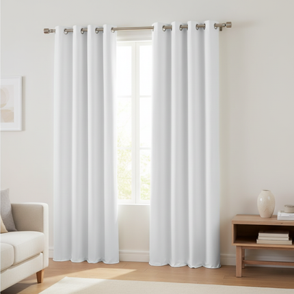 Eyelet Curtain Tape Lifestyle — Shiny Silver Rings on Pole