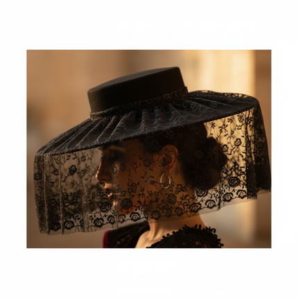 Flamenco gypsy hat with short gathered black tulle lace veil — close-up