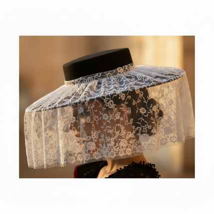 Flamenco gypsy hat with short gathered white tulle lace veil — close-up