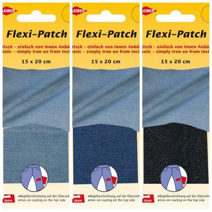 Three packages of Flexi-Patch with blue patches on a yellow background