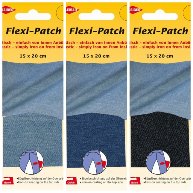Three packages of Flexi-Patch with blue patches on a yellow background